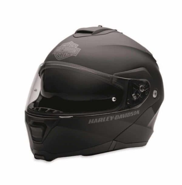 1CASCO98343-17EX Casco modulare nero opaco Harley-Davidson con visiera trasparente e logo Bar & Shield. Abbigliamento moto per sicurezza e stile.
