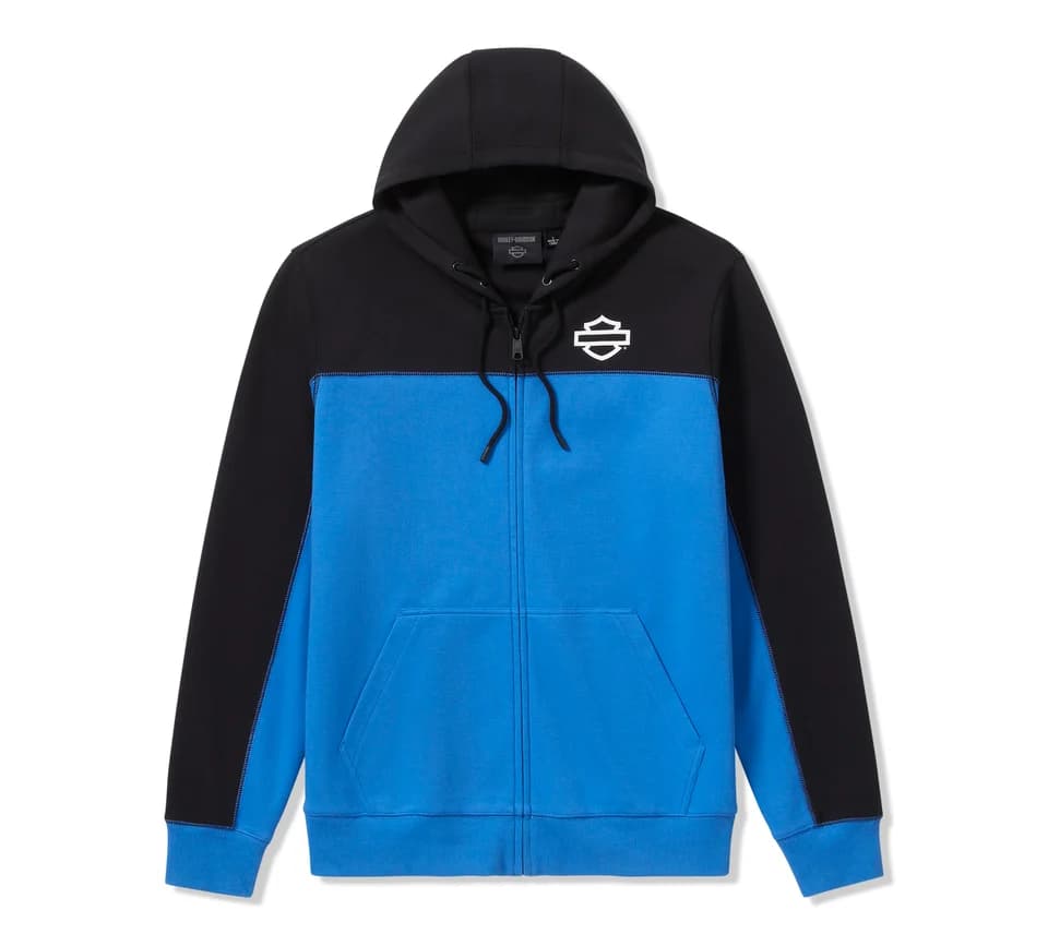 96613-25VM Felpa con cappuccio Harley-Davidson full-zip bicolore nera e blu, con logo Bar & Shield bianco sul petto sinistro. Abbigliamento casual.