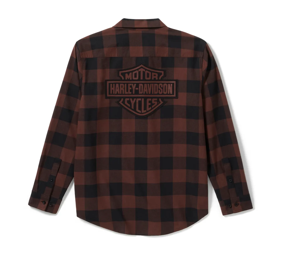 96733-25VM Camicia da uomo in flanella a quadri marrone e nera con logo Harley-Davidson MOTOR CYCLES ricamato sul retro. Abbigliamento casual per appassionati di moto.