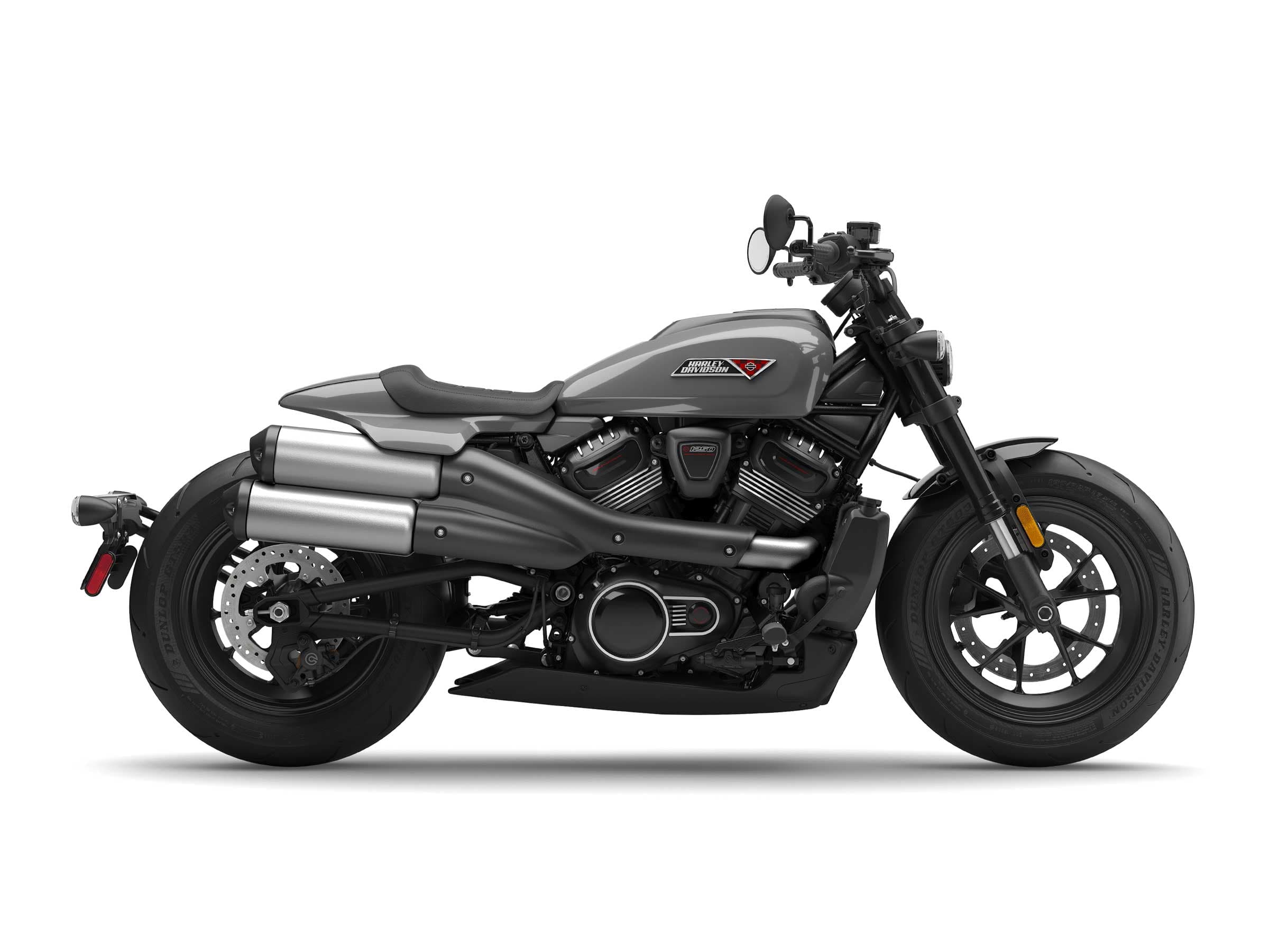 Harley-Davidson Sportster S: scopri la moto e prenota un test ride. Harley-Davidson Sportster S grigio, vista laterale sinistra. Dettagli del motore Revolution Max 1250T, scarichi alti e ruote in lega nere.