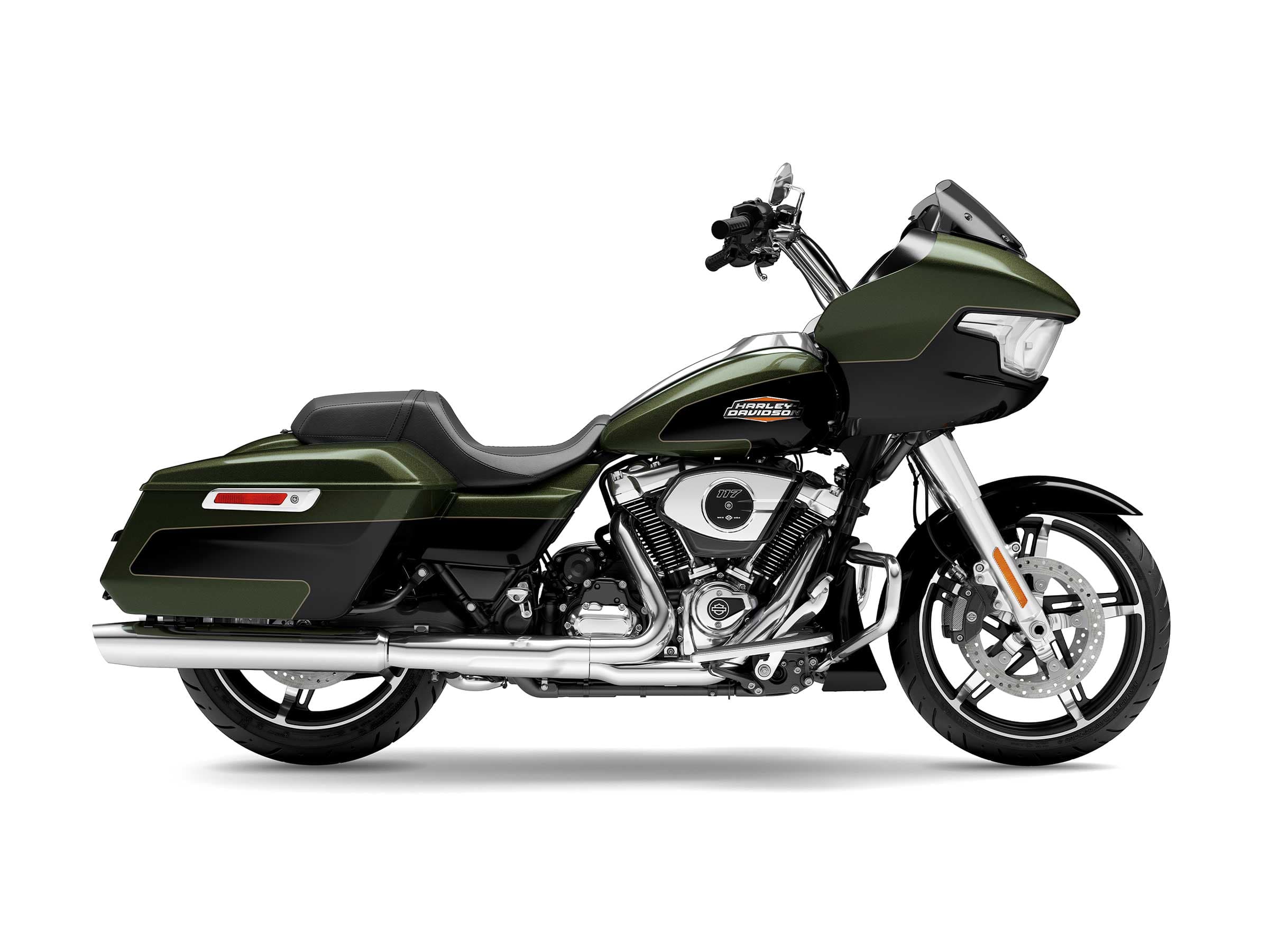 Harley-Davidson Road Glide Special 117 verde e nera Harley-Davidson Road Glide Special verde scuro e nera, con motore Milwaukee-Eight 117, scarichi cromati e borse laterali rigide, su sfondo bianco. Ideale per test ride.